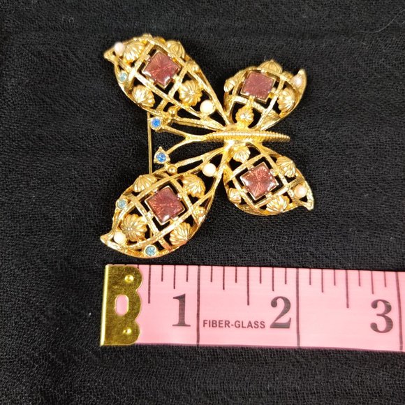 Vintage Avon Rhinestone Enamel Faux Pearl Dome Butterfly Pin Brooch Gold Tone - Picture 7 of 8